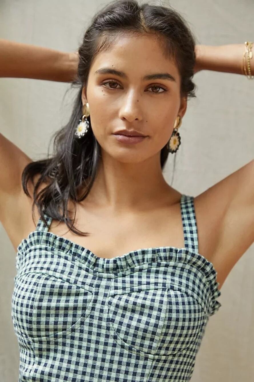 Eva Franco Gingham Sweetheart Tank Top Corset mint green navy blue plaid